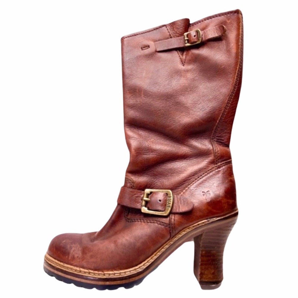 FRYE Mildred Engineer Cognac Leather Boots Size 5